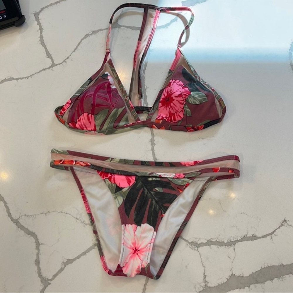 Victoria’s Secret Pink Mini Bikini Sheer Mesh Tropical Hawaiian Floral Racerback